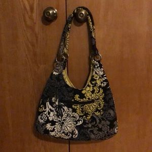 VERA BRADLEY Vintage Baroque large shoulder HOBO Black/yellow floral.